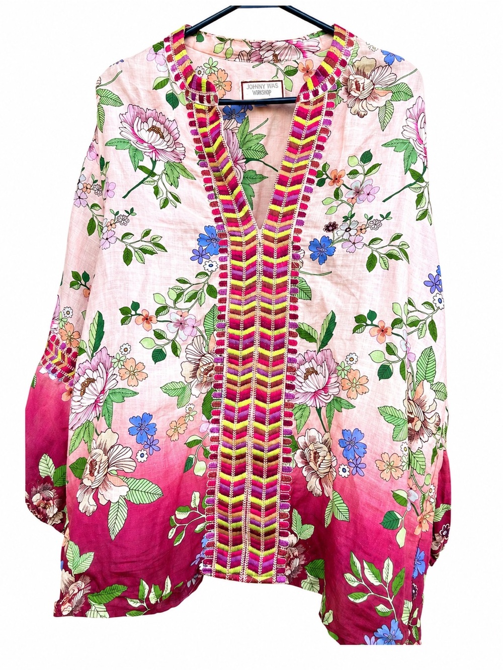 Johnny Was Workshop Floral Linen Blend Embroidered Boho Tunic Blouse XL